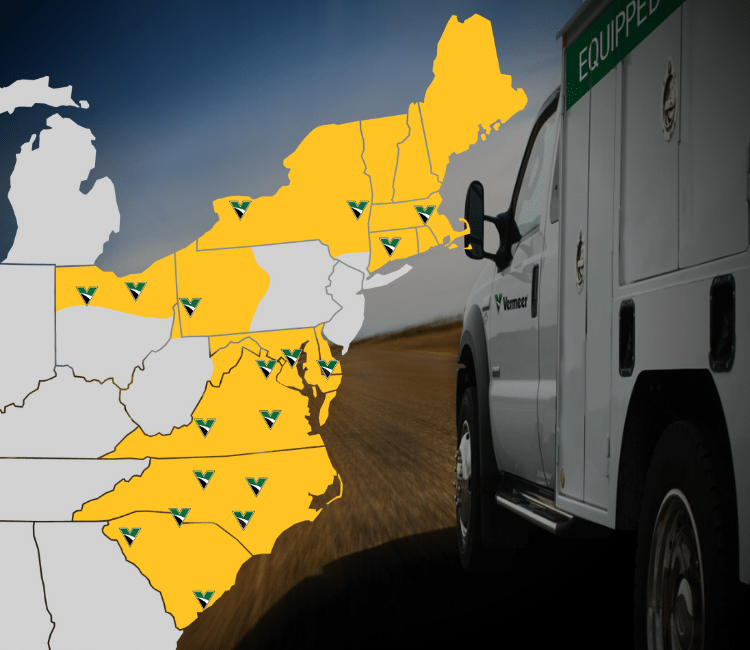 VAR_map_AR_17 Vermeer All Roads 17 Locations across East Coast, overlayed on a Vermeer Road Service Truck